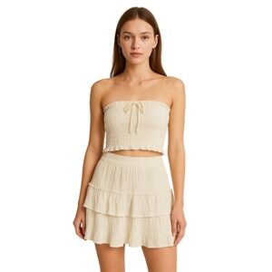 Statement Two Piece Set Tube Top Ruffle Mini Skirt Sleeveless Cream Matching Set
